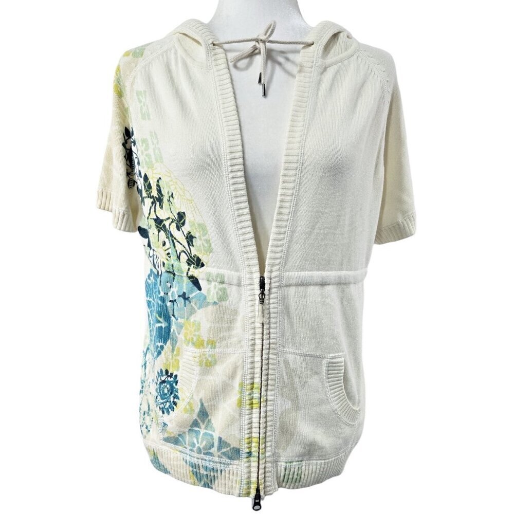 Eddie Bauer Sport 100% Cotton Cream Floral Short Sleeve Zip Hooded Cardigan